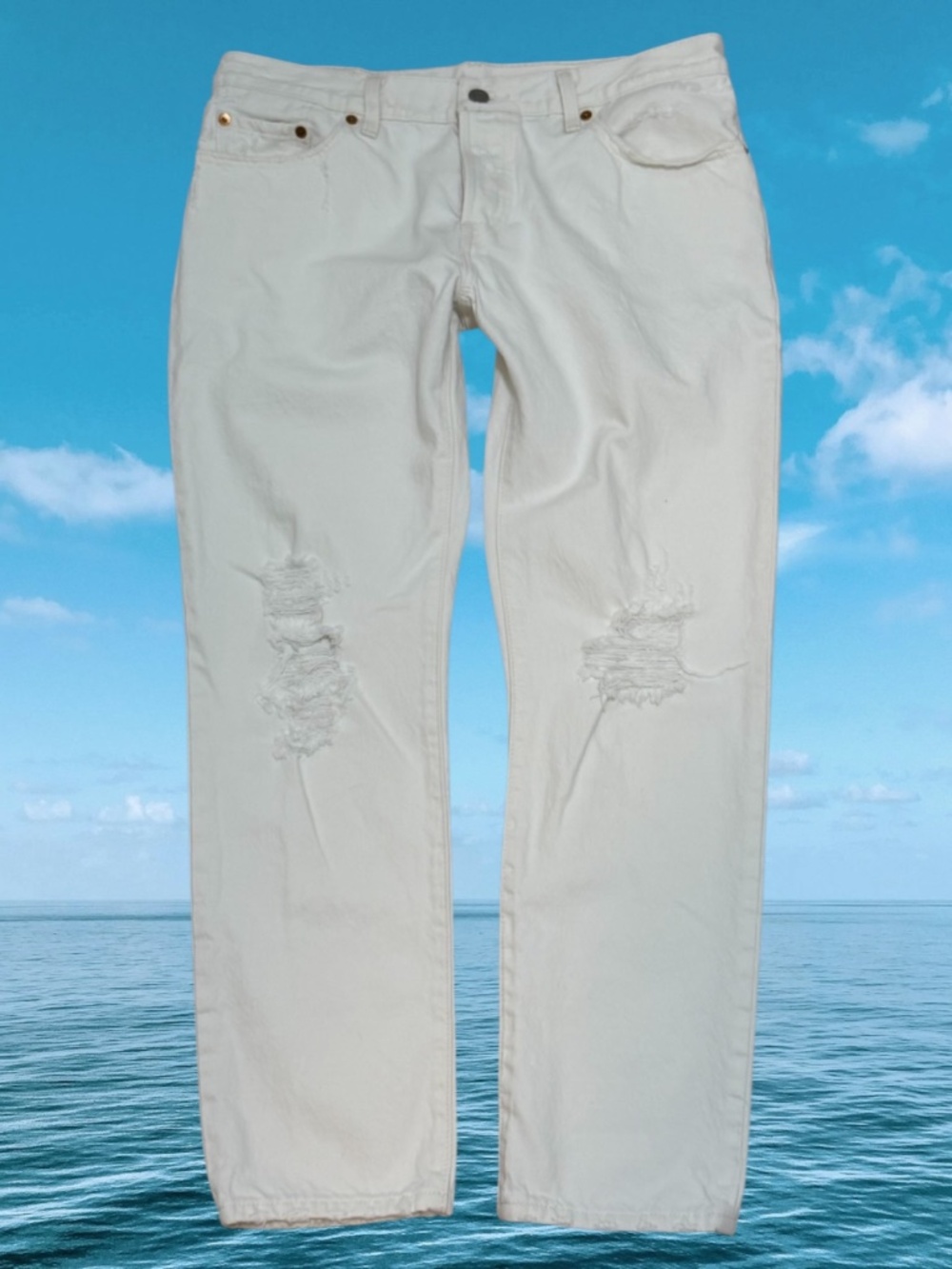 LEVI'S 501 CT Boyfriend Jeans Off White Button Fly Factory Destruct NICE 28x32